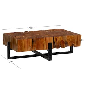 46 in. Brown Medium Rectangle Teak Wood Handmade Live Edge Slice Tree Stump Coffee Table with Black Metal Base