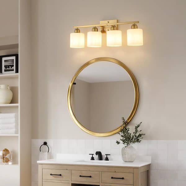 25 in. 4-Light Gold Modern Vanity Light Wall Lamp Sconce Over Mirror with Frosted Milky White Glass Shade