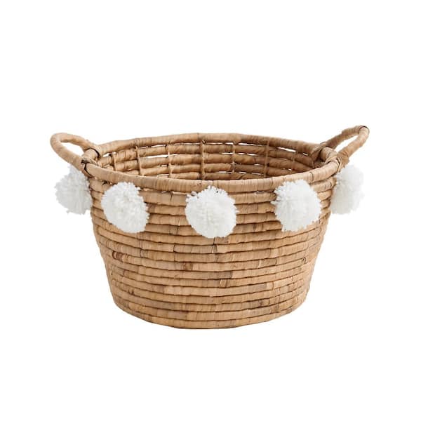 StyleWell Oval Natural Water Hyacinth Decorative Basket with White Pompom Balls