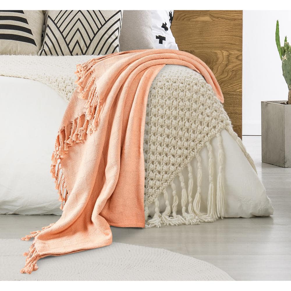 LR Home Woven 50 in. x 60 in. Peach Solid Checkered Cotton Fringe