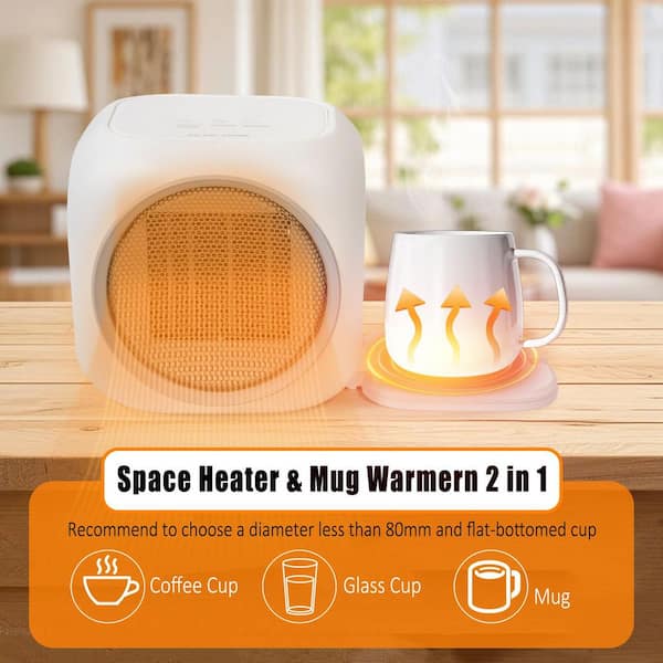 6 in. 800W 2-in-1 Space Heater and Smart Mug Warmer in White with 12H Auto Shut Off Desk Fan Heater