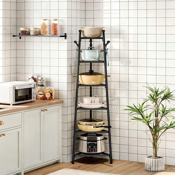 Black 6-Tier Corner Pot Rack with Tapering Design and Multi-Functional Hooks, Space-Saving Wall Mount Storage Organizer