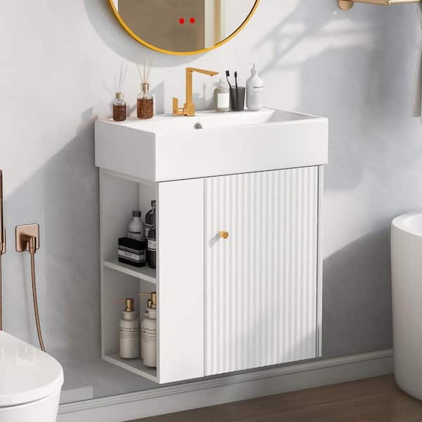 FAMYYT 21.6 in. W x 12.4 in. D x 26.4 in. H Single Sink Floating Bath Vanity in White with White Ceramic Top and Left Side