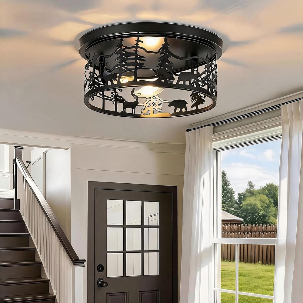 JUSHENG 11 in. 2-Light Black Round Industrial Farmhouse Flush
