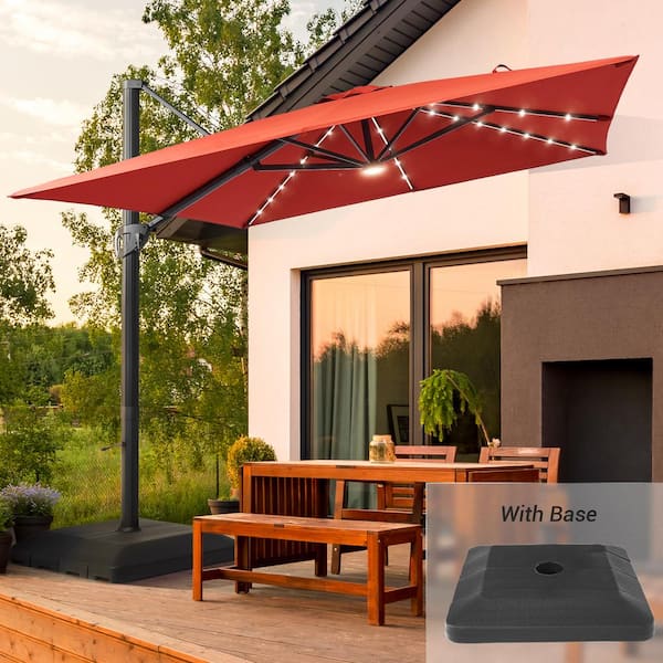 JOYESERY 10 ft. x 10 ft. Solar LED Patio Cantilever Umbrella with a Base, Aluminum Outdoor Offset Rotation w/Solar Lights, Red