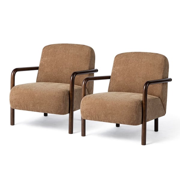 Set of 2 Mid-Century Modern Brown Fabric Thick Armchair with Walnut Rubberwood Frame