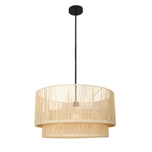 21.5 in 1-Light Beige Natural Adjustable Rattan Double Drum Pendant Light With 2-Tier Natural Rattan Shades