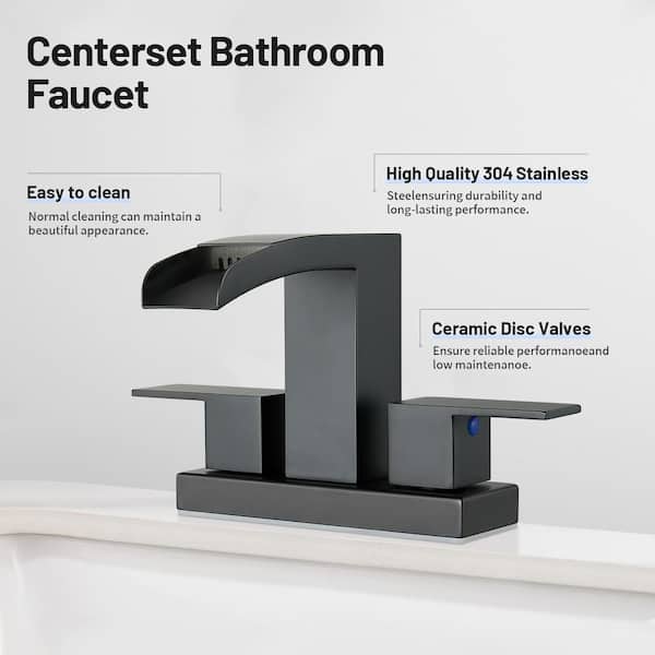 Waterfall Spout 304 Stainless Steel 4 in. Centerset Double Handle Bathroom Faucet with Drain Kit Included in Matte Black