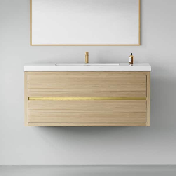 48 in. Wall-Mounted Bath Vanity Floating Bathroom Storage Cabinet in Natural Oak with White Stone Resin Top