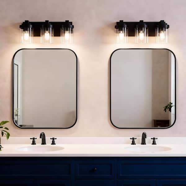 16 in. 3-Light Black Bathroom Vanity Light Fixture with Clear Glass Shades, No bulbs included