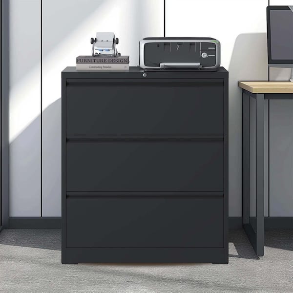 3 Drawer Metal Lateral File Cabinet with Lock Office Home Pantry Organizer for A4 Legal/Letter Size, Black