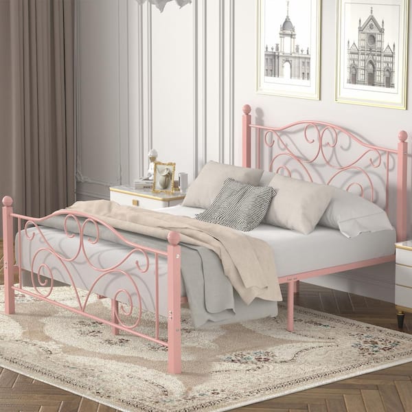 VECELO Bed Frame Pink Metal Frame Queen Size Platform Bed Mattress Foundation Support with Headboard and Footboard Metal Bed
