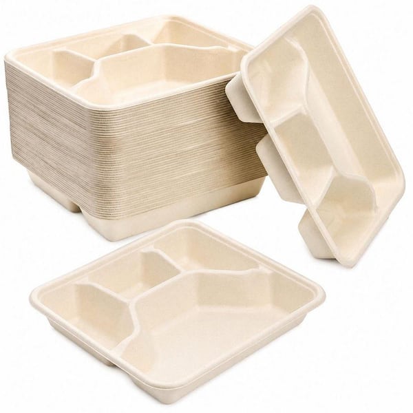 Molded Fiber 50 Pack White Disposable Sugarcane Bagasse Compostable 4 Compartment Dinner Plates Heavy Duty Divided Tray