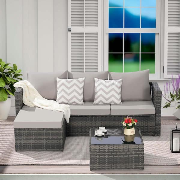Tenleaf 2-Piece Wicker Patio Conversation Set with Light Gray Cushions, Ottoman, Detachable Lounger Table