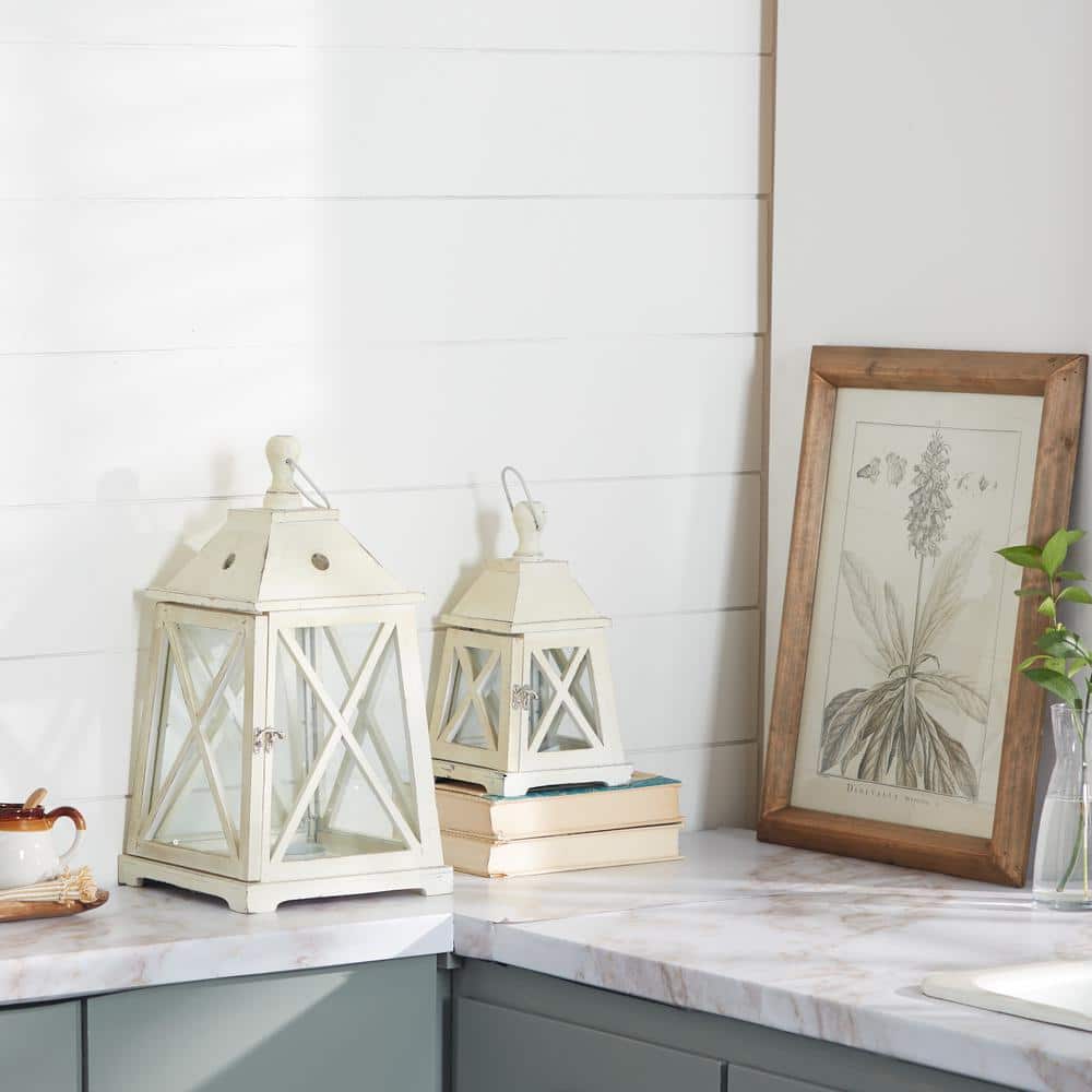 Set of 2 White Wood and Glass Hanging Candle Lanterns