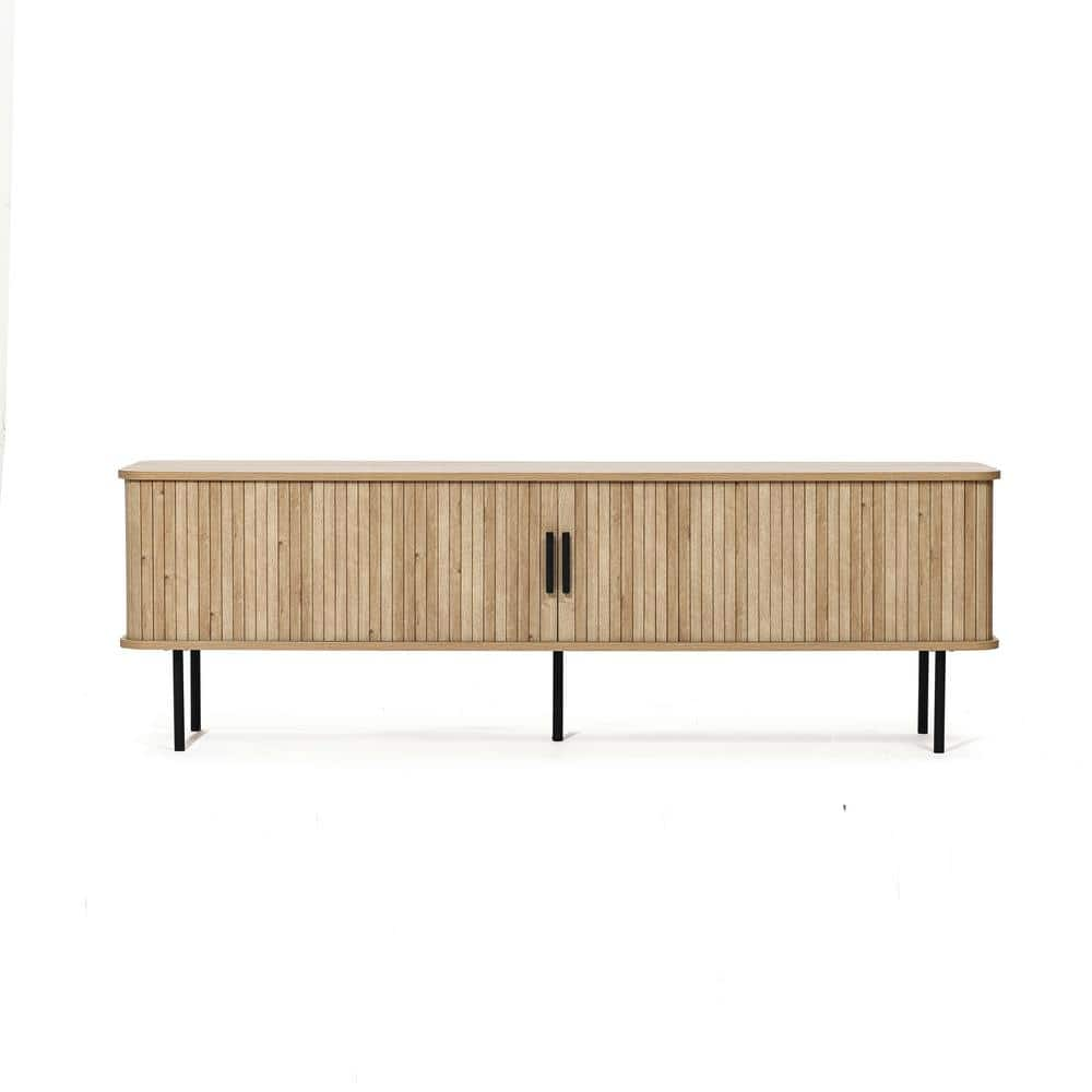 Brown Modern TV Stand Fits TV 65 in. with Storage and Slatted Sliding Doors