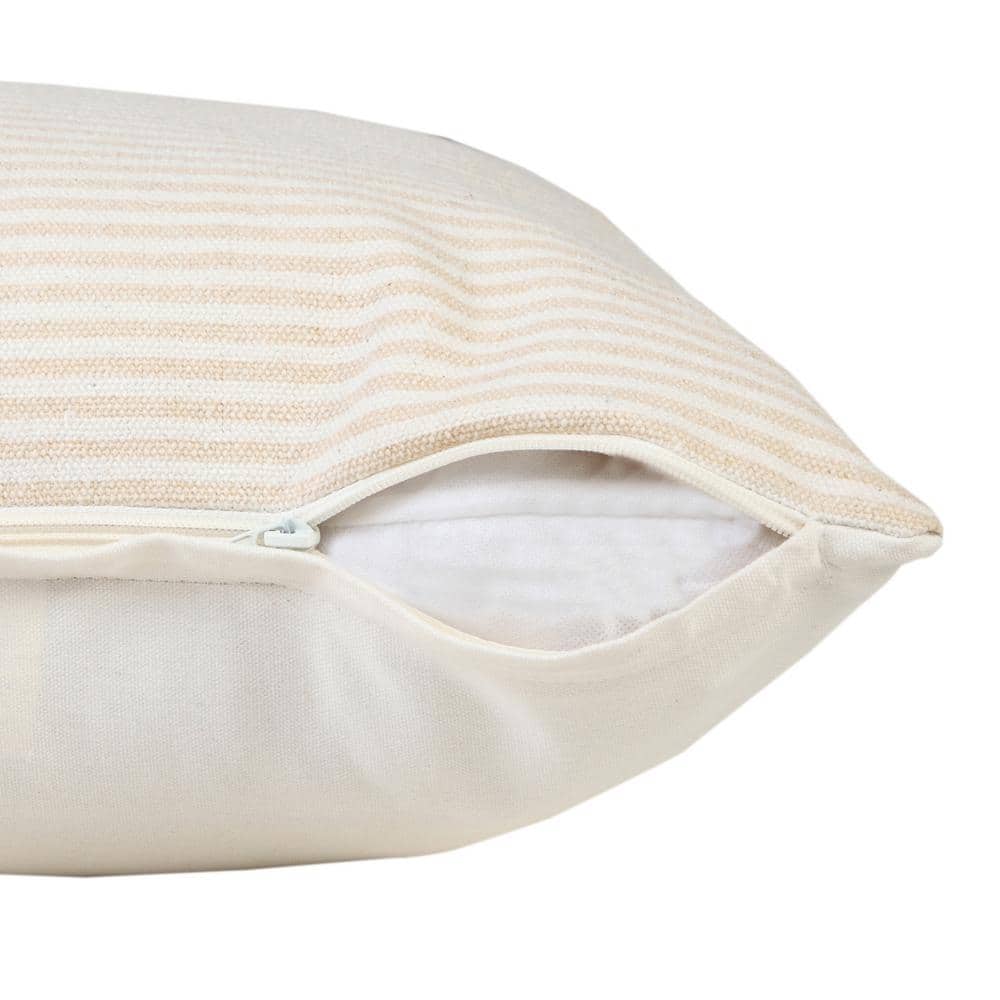 Beige and White Striped Cotton Square Throw Pillow