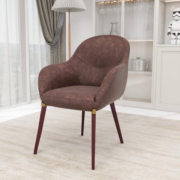 Leisuremod Elias Dining Chair Upholstered in Leather with Barrel Back and Powder-Coated Legs Set of 2, Brown