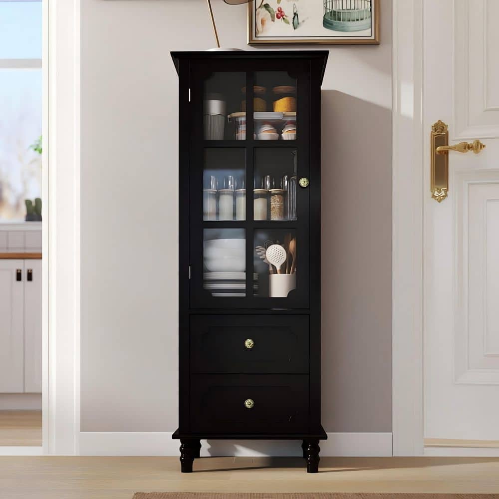 19.68 in. W x 52 in. H Black MDF Buffet Cabinet with Glass Doors, Modern MDF Storage Sideboard for Dining Room