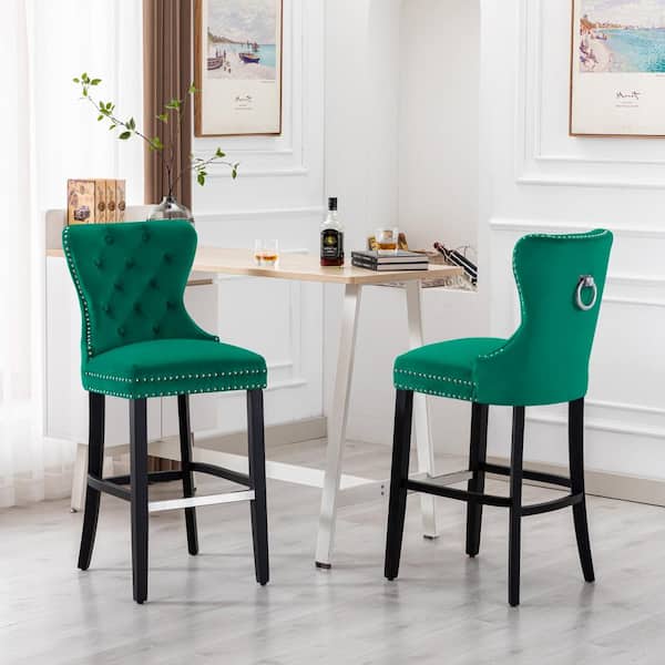 Harper 29 in. Dark Green Velvet Tufted Wingback Kitchen Counter Bar Stool with Black Solid Wood Frame (Set of 2)