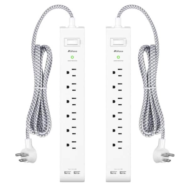 Lukyamzn 12 ft. Extension Cord 6-Outlet Power Strip Surge Protector in White with 2-USB Ports and Flat Plug (2-Pack)