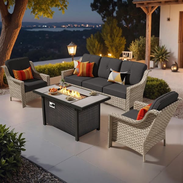 EternalOasis 4 Pieces Wicker Outdoor Patio Rectangular Fire Pit Set with Black Cushions