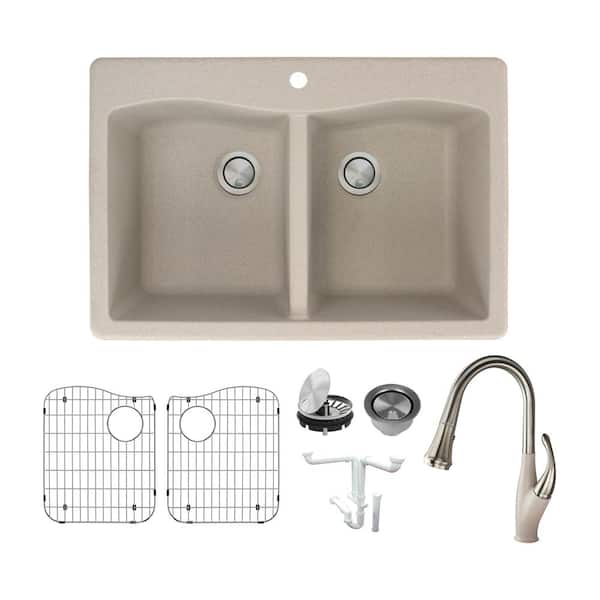 Transolid Aversa All-in-One Drop-in Granite 33 in. 1-Hole Equal Double Bowl Kitchen Sink with Faucet in Cafe Latte