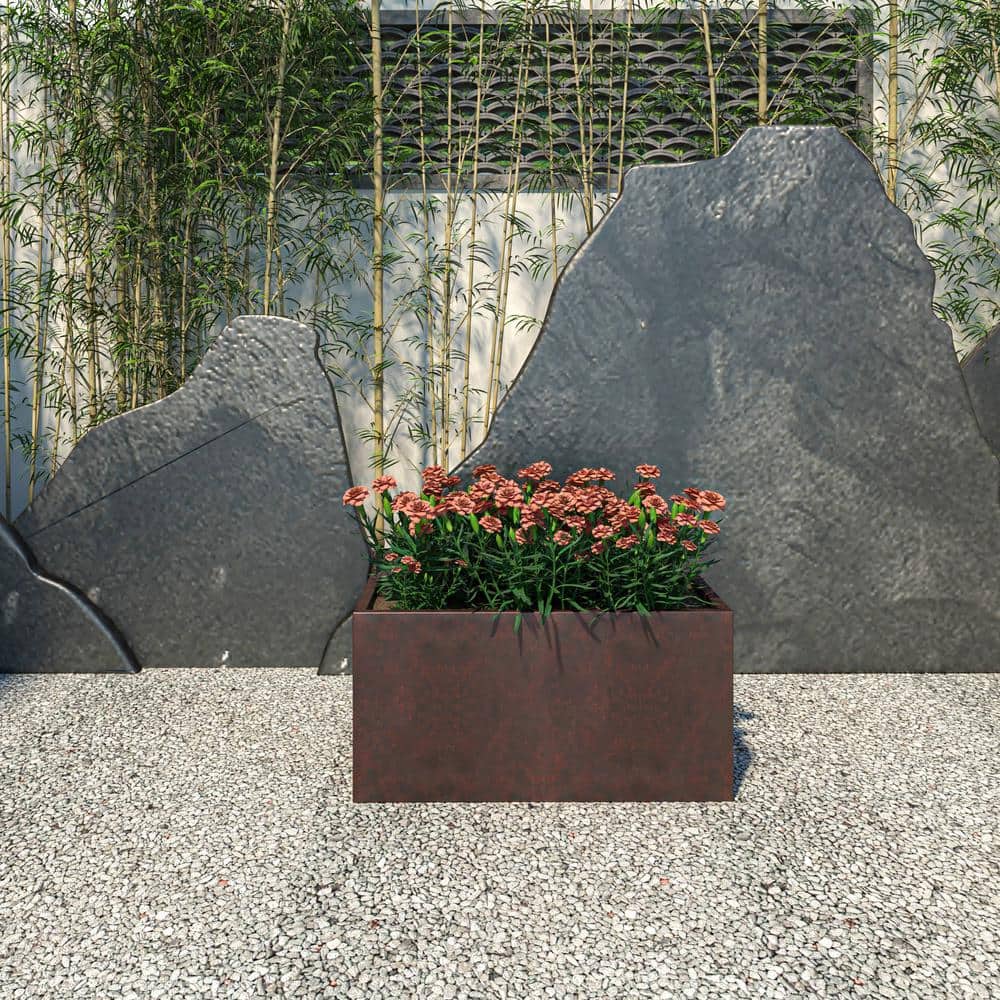 Extra Large Rectangular Brown Fiberstone Planter with Drainage Holes