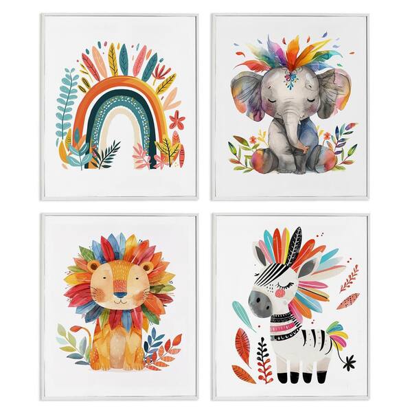 Rainbow Feather Animals by LSR Design Studio 4 Pieces White Framed Animal Giclee Art Print 20 in. x 16 in.