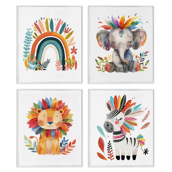 Stupell Industries Rainbow Feather Animals by LSR Design Studio 4 Pieces White Framed Animal Giclee Art Print 14 in. x 11 in.