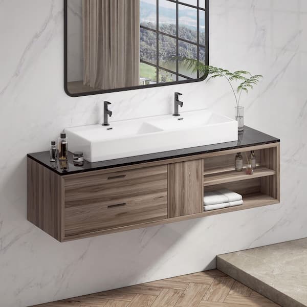 48 in. Turner Crisp White Vitreous China Wall-Mounted Bathroom Double Vessel Sinks with Faucet Hole, for on Countertop