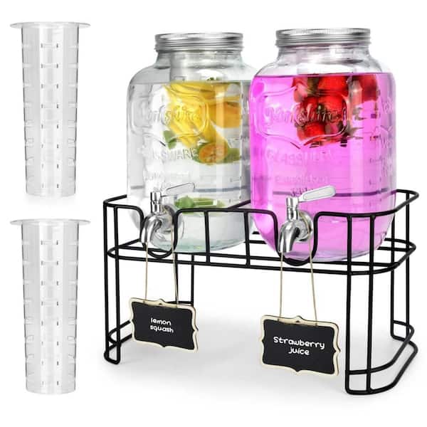 1 Gal. Glass Drink Dispensers for Parties with  Ice Cylinder, Stand and Stainless Steel Spigot, Leakproof, Pack of 2