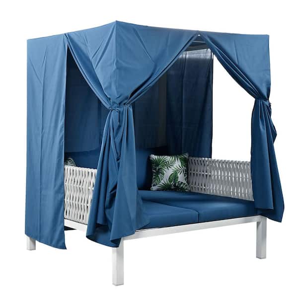 Sudzendf White Metal Outdoor Day Bed, Sunbed Loveseat with Blue Cushion and Curtains