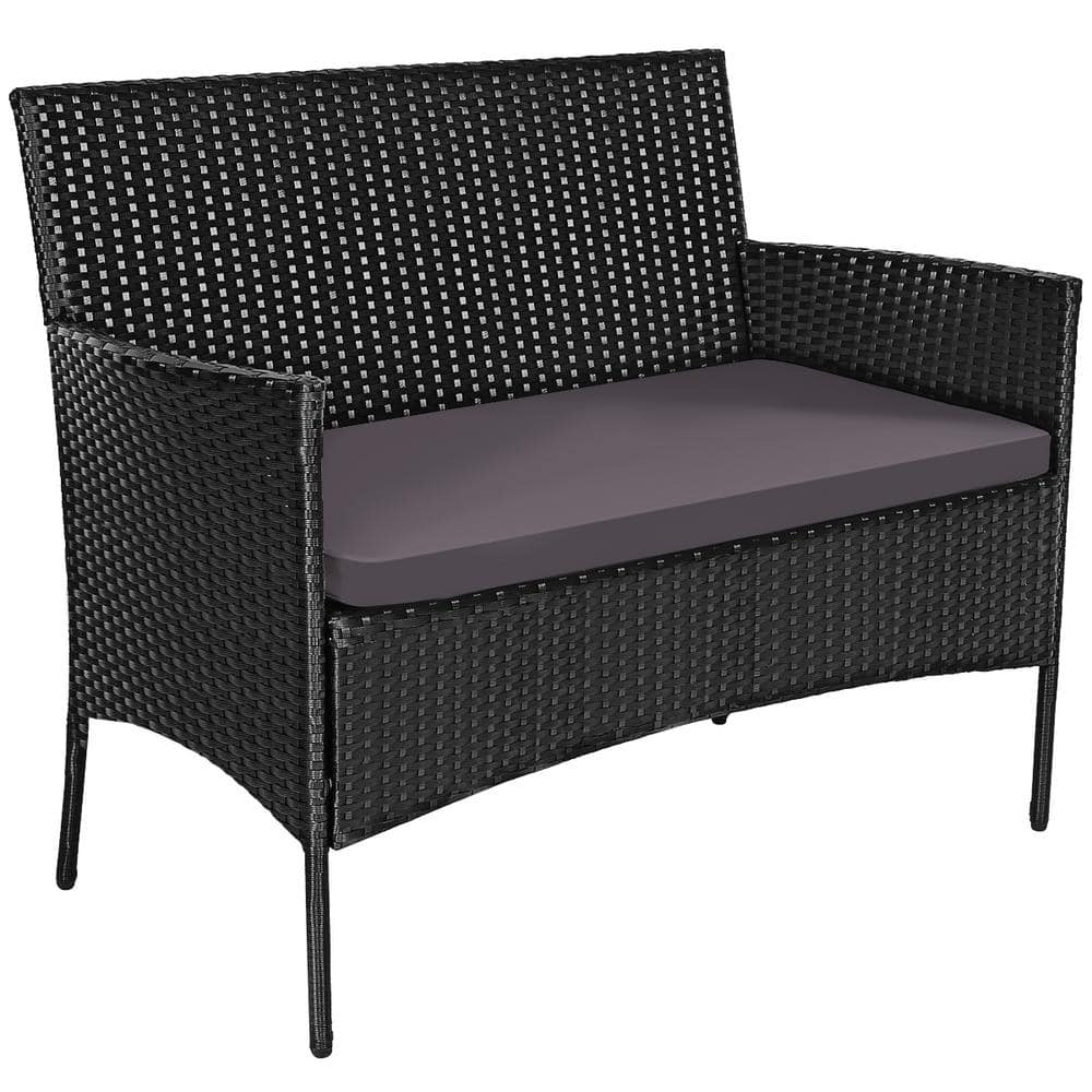 Gray and Off-White 4-Person Rattan Outdoor Sofa Set with Tempered Glass Table