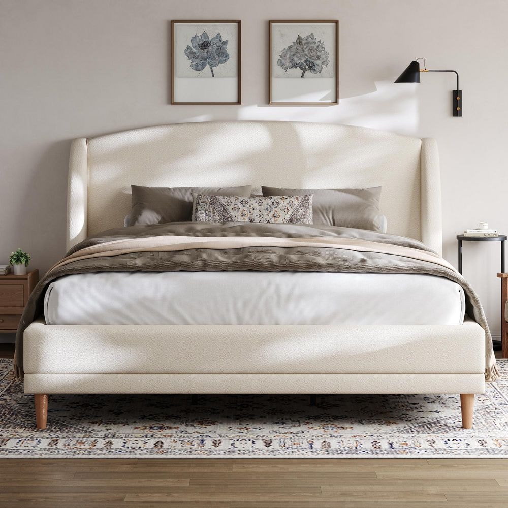 Arc White Boucle Fabric Upholstered Wood Frame King Size Platform Bed and Headboard Set
