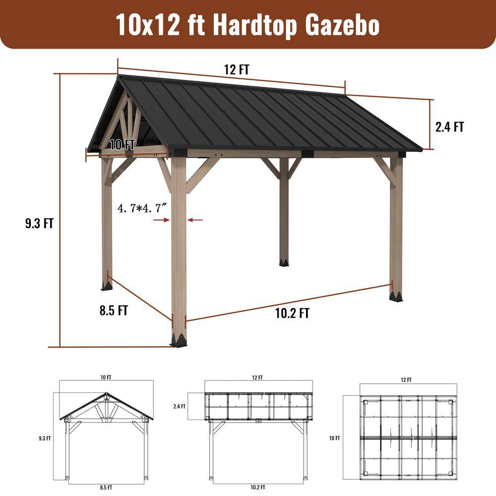 10'x12' Cedar Wood Frame Gazebo with Black Steel Gable Roof