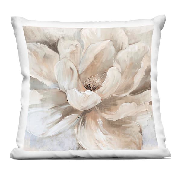 Lush White Magnolia Bloom Beige Floral Zipper Polyester 18 in. x 18 in. Throw Pillow