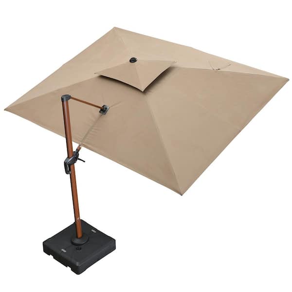 9 ft. x 12 ft. Sunbrella Aluminum 360° Rotation Wood Pattern Cantilever Outdoor Patio Umbrella with Base in Deep Beige