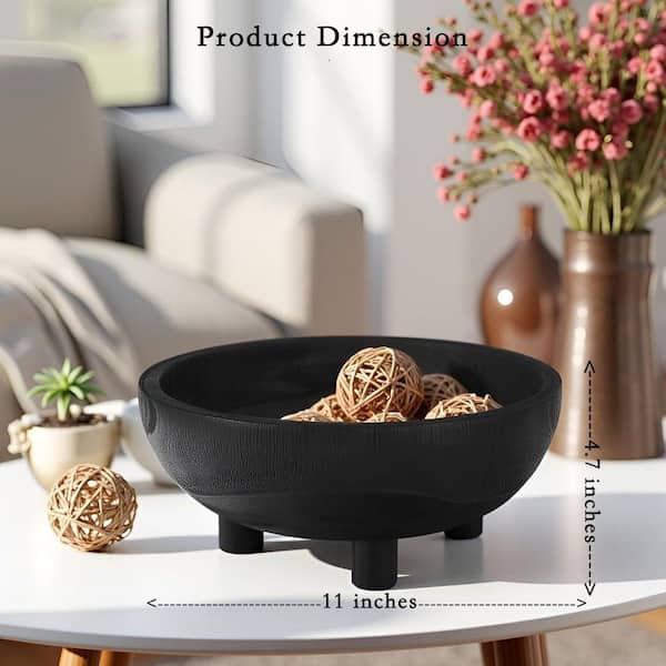 Decorative Fruit Bowl Black Round Paulownia Wood 11 in Key Bowl 1