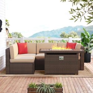 5-Piece Brown Wicker Outdoor Patio Conversation Set with 44 in. Fire Pit and Beige Cushions