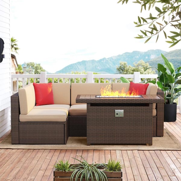 SUNMTHINK 5-Piece Brown Wicker Outdoor Patio Conversation Set with 44 in. Fire Pit and Beige Cushions