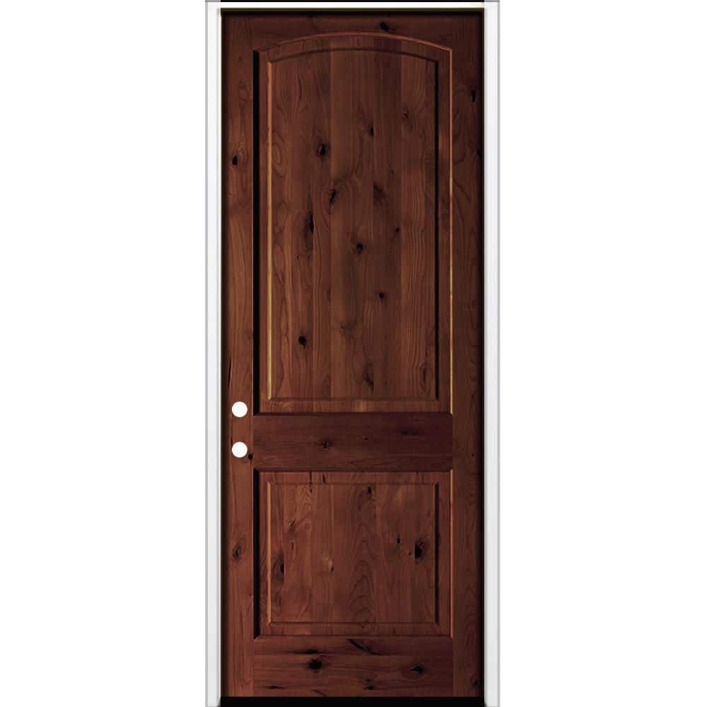 32 in. x 96 in. Rustic Knotty Alder 2-Panel Arch Top Right-Hand/Inswing BEHR Red Mahogany Stain Wood Prehung Front Door price history on PriceWatchPro