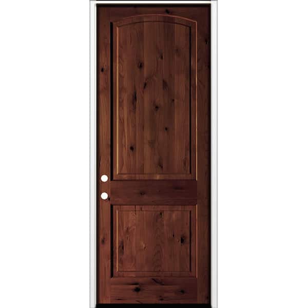 42 in. x 96 in. Rustic Knotty Alder 2-Panel Arch Top Right-Hand/Inswing BEHR Red Mahogany Stain Wood Prehung Front Door