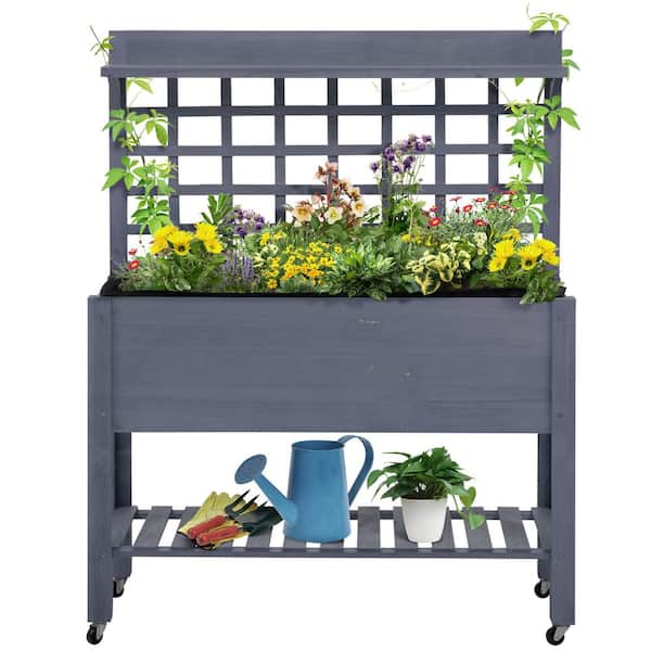 Unbranded Gray 41 in. Raised Garden Bed with Trellis on Wheels, Wood Elevated Planter Box with Legs and Bed Liner for Flowers