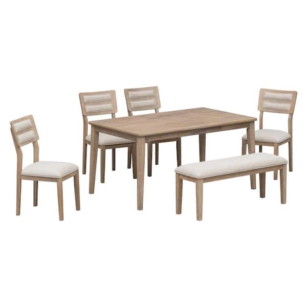 Polibi 6-Piece Natural Wood Wash Wood Top Dining Room Set Seats 5