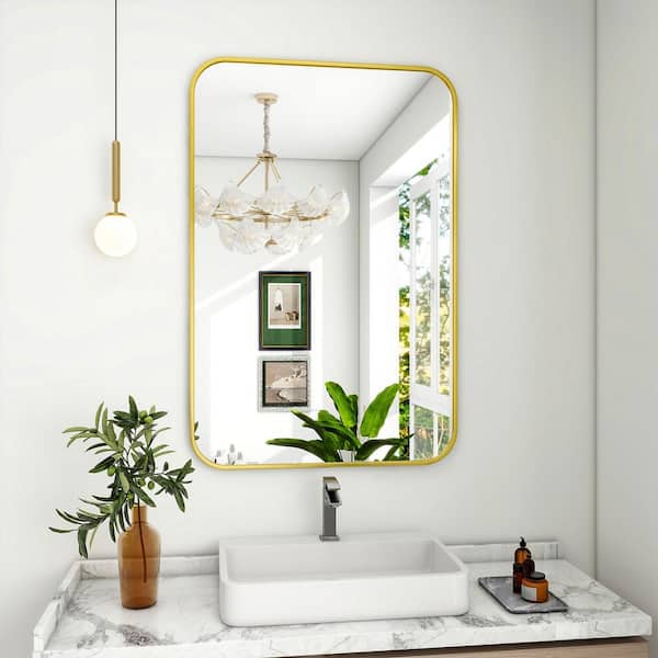 GLSLAND 24 in. W x 36 in. H Rectangular Metal Framed Wall Bathroom Vanity Mirror Gold