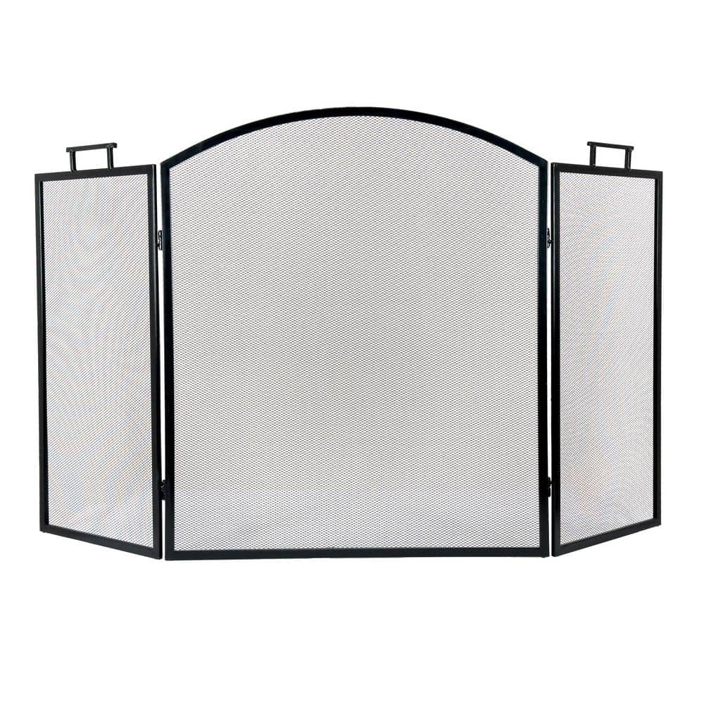 Classic Black Steel Three-Panel Fireplace Screen with Mesh