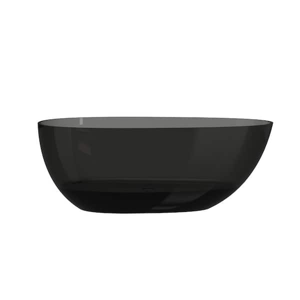 VANITYFUS 59 in. x 30.7 in. Stone Resin Solid Surface Flatbottom Egg Shape Soaking Bathtub with Center Drain in Transparent Gray