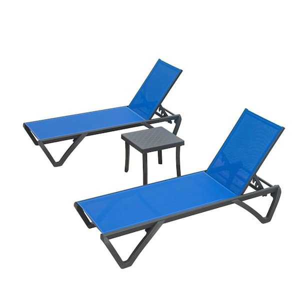 GAWEZA Set of 3 Aluminum Adjustable Stackable Outdoor Chaise Lounge in Blue Seat Poolside Sunbathing Lounger with Side Table