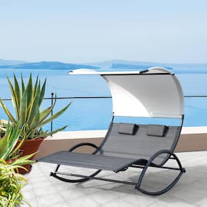 Metal Patio Double Outdoor Rocking Chair in Black with Sun Shade Canopy, Wheels and Headrest (1-Piece)